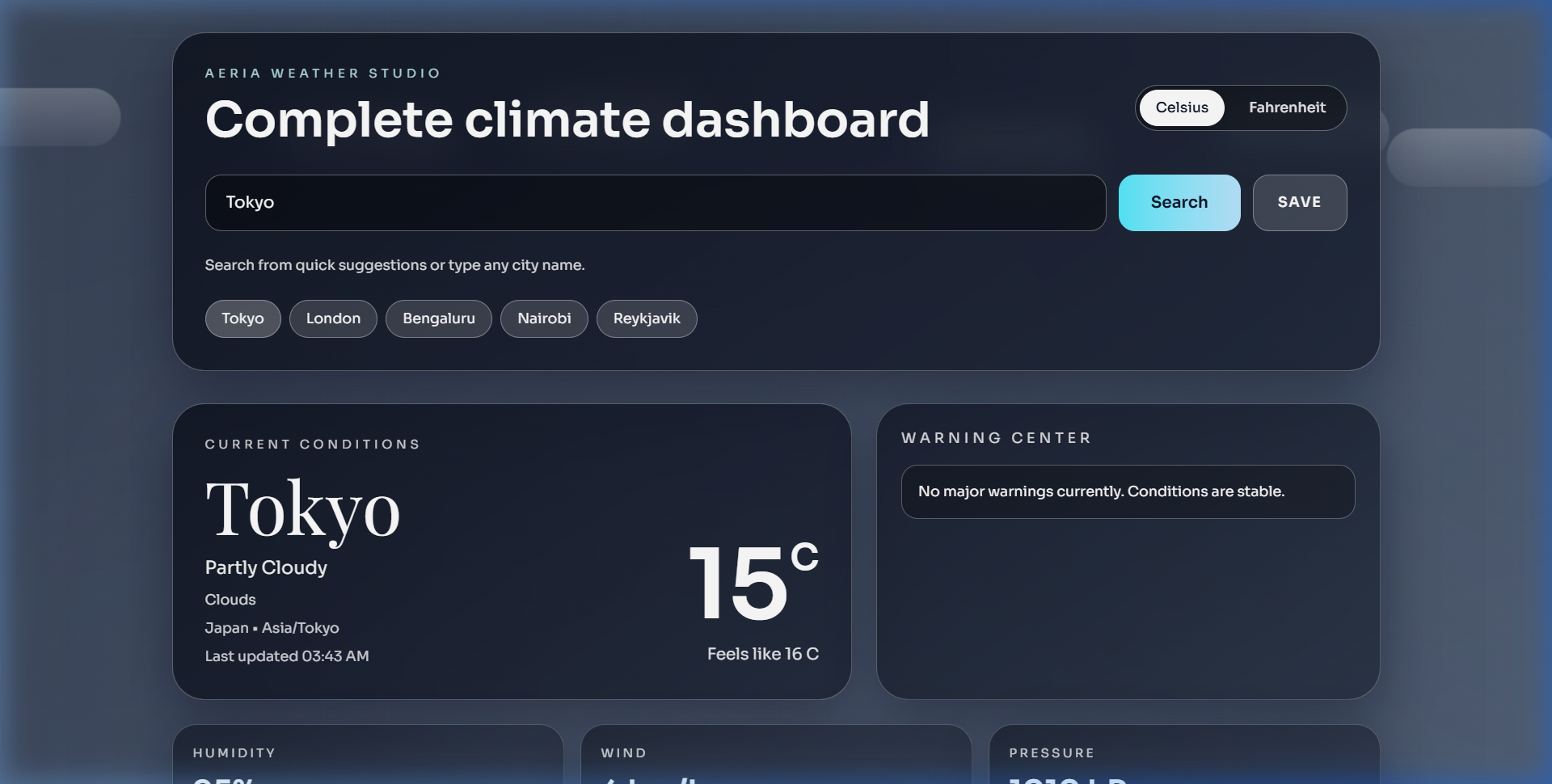 Aeria Weather Studio Dashboard Preview